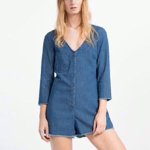 Zara Denim Long Sleeve Romper